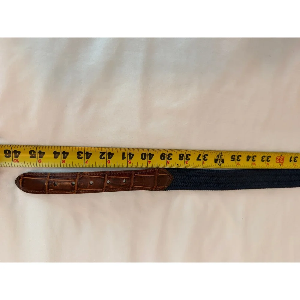 Navy Blue Woven Stretch Belt Brown Crocodile Embossed Leather Trim Gold Buckle